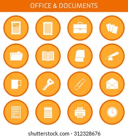 Web icons set for office: diagrams, documents, briefcase, papers, documents, folder, book, pen and ink bottle, a cup, a key clip, envelope, scores, calendar, printer, watch. Design flat.