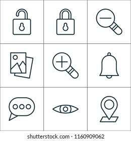 Web icons set with open lock, eyes, scenery image and other message bubble elements. Isolated vector illustration web icons.