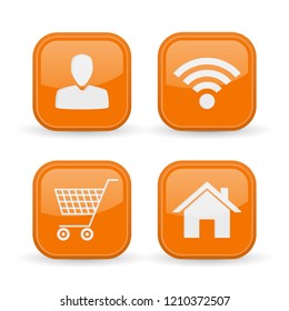 Web icons set. Orange square shiny buttons. Vector 3d illustration isolated on white background