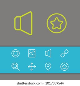 Web icons set with pin, navigate and volume elements. Set of web icons and maximize concept. Editable vector elements for logo app UI design.