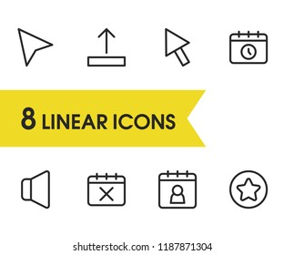 Web icons set with pointer, upload and schedule elements. Set of web icons and calendar concept. Editable vector elements for logo app UI design.