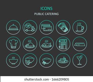 Iconos Web. Conjunto de iconos de línea de degradado de catering público. Símbolos de comida para aplicaciones o sitios web. Vector