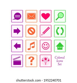 web icons set, rectangular cards with wavy edges, simple vector symbols 