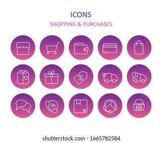 Web icons. Set of shopping icons on purple gradient. Purchases symbols for apps or web sites. Vector