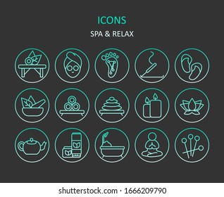 Iconos Web. Conjunto de iconos de línea de degradado de spa. Relajar símbolos para aplicaciones o sitios web. Vector