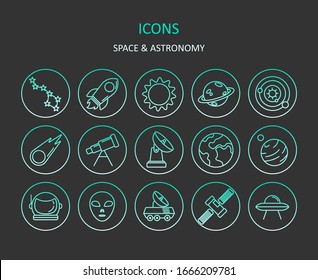 Web icons. Set of space gradient line icons. Astronomy symbols for apps or web sites. Vector