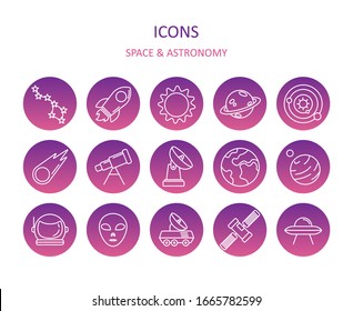 Web icons. Set of space icons on purple gradient. Astronomy symbols for apps or web sites. Vector