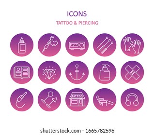 Web icons. Set of tattoo icons on purple gradient. Piercing symbols for apps or web sites. Vector