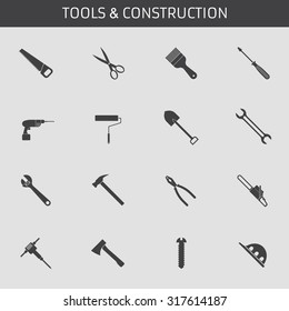 Web icons set for tools: saw, scissors, paint brush, screwdriver, drill, roller, shovel, wrench, adjustable wrench, hammer, pliers, chainsaw, hammer, axe, screw helmet. Design flat.
