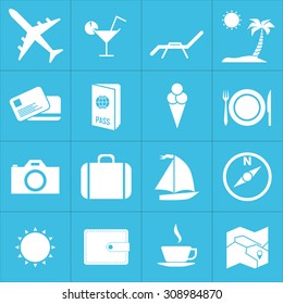 Web icons set for Tourism and leisure. The airplane, cocktail, lounge, island, map, credit card, passport, ice cream, food, restaurant, photo, suitcase, baggage, boat, compass, sun, purse, coffee.