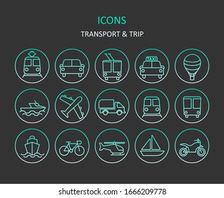 Iconos Web. Conjunto de iconos de línea de degradado de transporte. Símbolos de viaje para aplicaciones o sitios web. Vector