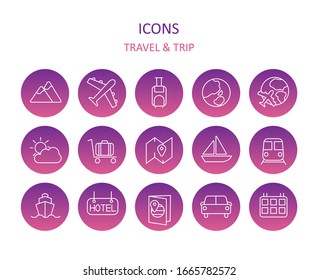 Web icons. Set of travel icons on purple gradient. Trip symbols for apps or web sites. Vector