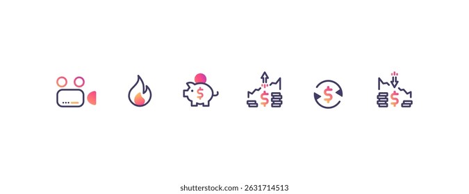 Web icons set ui: video camera, fire, piggy bank, dollar exchange rate. Social media concept