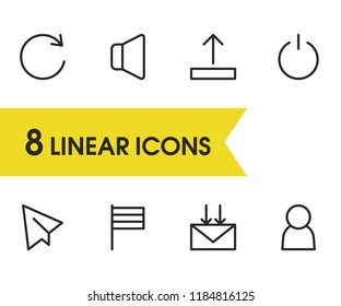 Web icons set with upload, paper plane and turn off elements. Set of web icons and switch on concept. Editable vector elements for logo app UI design.