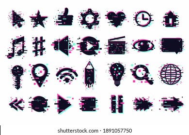 Web icons set. User interface symbols, glitch style. GUI elements isolated on white. Vector clipart collection for mobile app.