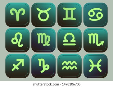 Web icons. Set of vector buttons with black and green gradient Collection of Zodiac signs: aquarius, virgo, capricorn, sagittarius, aries, gemini, scorpio, libra, leo, pisces, taurus, cancer. 
