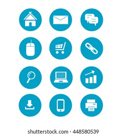 Web Icons Set Vector illustration Collection Home Envelope Email Chat Mouse Shopping Cart Link Search Laptop Graph Stat Download Phone Printer Blue Icon