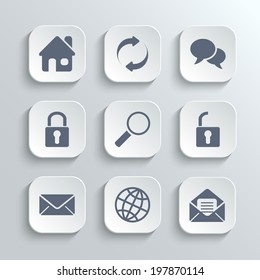 Web icons set - vector white app buttons with home refresh speech bubble lock search unlock mail globe