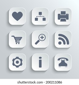 Web icons set - vector white app buttons with heart follow printer sitemap shopping cart zoom rss settings gear information telephone