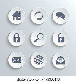 Web icons set - vector white round buttons with home refresh speech bubble lock search unlock mail globe
