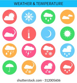 Web icons set for weather: sun, clouds, rain, rain and thunderstorms, partly cloudy, cloudy, temperature, umbrella, rain, snow, night, thermometer, moon. Flat design.