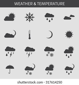 Web icons set for weather: sun, clouds, rain, rain and thunderstorms, partly cloudy, cloudy, temperature, umbrella, rain, snow, night, thermometer, moon. Flat design.