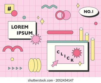 Web Icons And Shape Icons Are Composed On A Pink Background With A Grid. Simple Pattern Design Template.