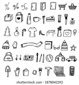 Web icons shopping, vector illustration, doodles, baskets and various products