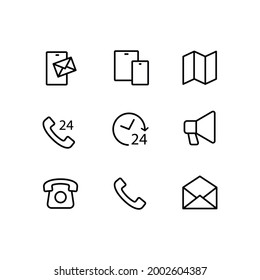 Web icons simple thin line icon set vector illustration. Sms, mail, tablet and phone, map, 24 hours support, vintage phone, call, letter.