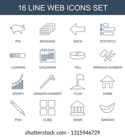 web icons. Trendy 16 web icons. Contain icons such as pig, message, back, statistic, loading, calendar, pill, wrench hummer, graph, garden hammer. web icon for and mobile.