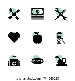 Web icons. vector collection filled web icons set.. includes symbols such as windmill, apple, harvester, heart, money, tools, pill. use for web, mobile and ui design.
