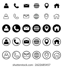 Ícones da Web vetor definir Chamada telefone pessoa email e-mail local do site e ícone da casa