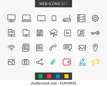 Web icons vector set. User interface icons (laptop, tablet, server, mobile, document, etc). Internet icons creative line concept.