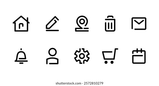 Web icons vector set. Website navigation icon collection. Essential app interface button. Simple line or outline basic UI icons. Home, main page, edit, map pin, mail, notification and user pictogram.