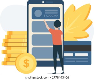 Web Illustration concepts: Mobile Banking man looking at his mobile banking app 