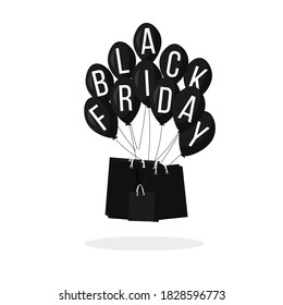 Web-Illustration mit Shopping-Elementen über schwarzen Freitag. Verkaufsposter mit schwarz glänzenden Ballons und Papiertüten auf weißem Hintergrund. Einzelne Vektorsymbole für Internet-Shop