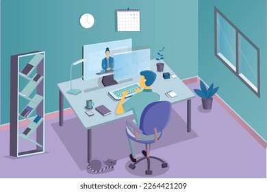 Web illustration of student learning at home and sitting on chair at table using online education platform with digital learning materials