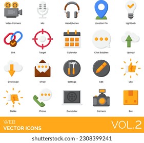 Web including Arrow Down, Arrow Left, Arrow Right, Arrow Up, Box, Briefcase, Brush, Bullhorn, Burger Menu, Calculator, Calendar, Camera, Chat,  Bubbles, Clock, Computer, Dislike, Download