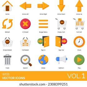 Web including Arrow Down, Arrow Left, Arrow Right, Arrow Up, Box, Briefcase, Brush, Bullhorn, Burger Menu, Calculator, Calendar, Camera, Chat,  Bubbles, Clock, Computer, Dislike, Download