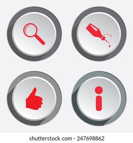 WEB info icons. Cursor, like, hand,  target, repair fix ,thumb up, good symbol. Round button. Vector isolated