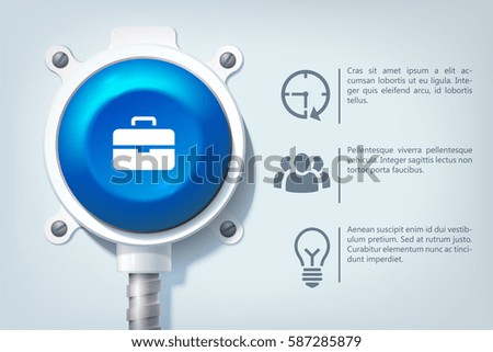 Web infographic business concept with blue round button on metal pole and icons isolated vector illustration