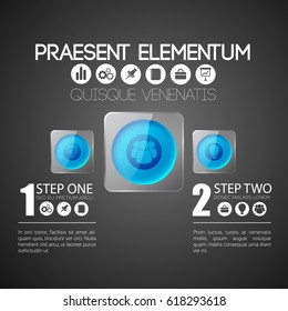 Web infographic concept with blue round buttons in gray glass squares and business icons vector illustration