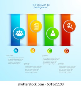 Web infographic concept with colorful vertical ribbon banners circles and business icons on light background vector illustration