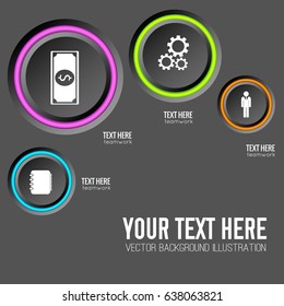 Web infographic concept with gray round buttons colorful edging and icons on dark background isolated vector illustration