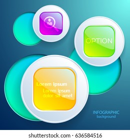Web infographic design concept with colorful round squares in gray circles on light background isolated vector illustration