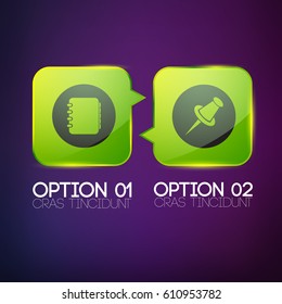 Web infographic design concept with two green glossy round squares and icons on purple background vector illustration