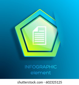 Web infographic element with green glossy hexagon and note icon on blue background isolated vector illustration