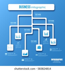 Web infographic flowchart design with white squares business icons and options on blue background vector illustration