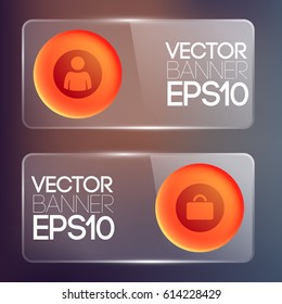 Web infographic glass horizontal banners with red round buttons and icons isolated vector illustration