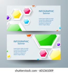 Web infographic horizontal banners with text and colorful glossy hexagons on gray background isolated vector illustration